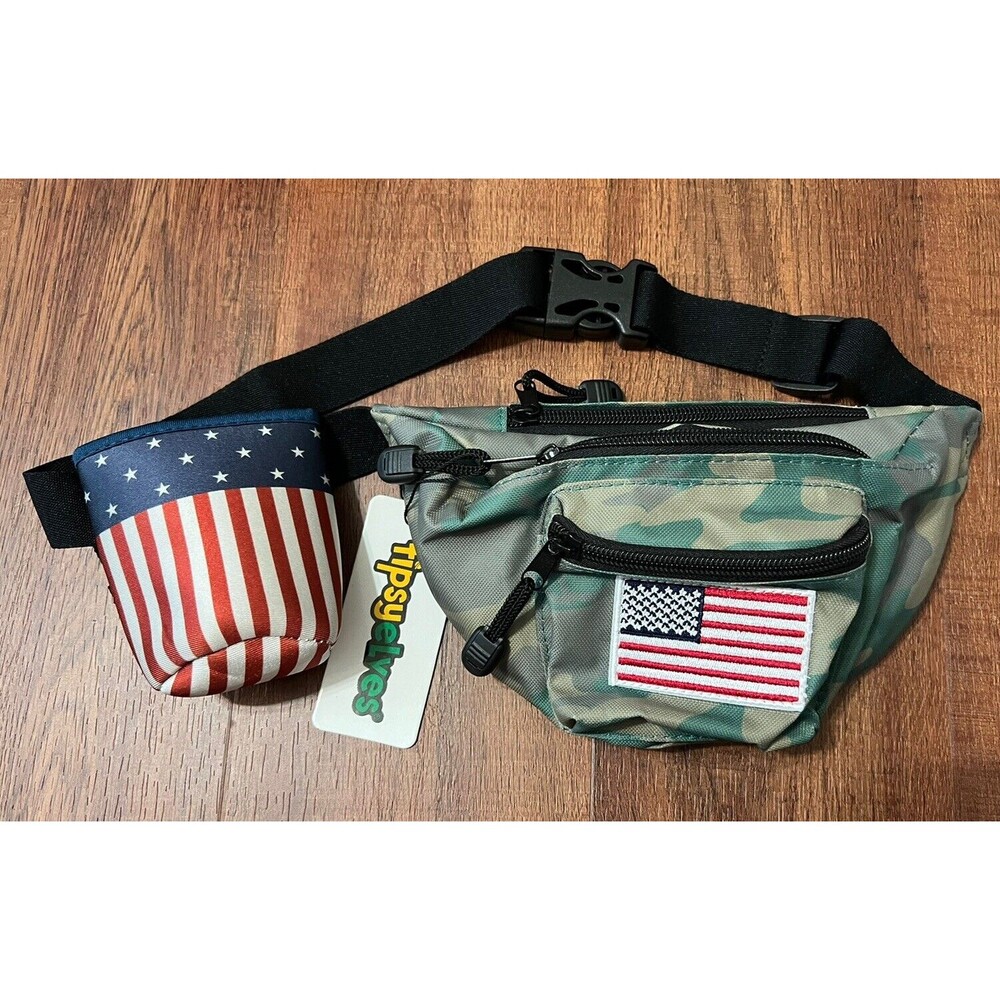 Tipsy Elves All American Fanny Pack Camo Red White Blue Patriotic Drink Koozie